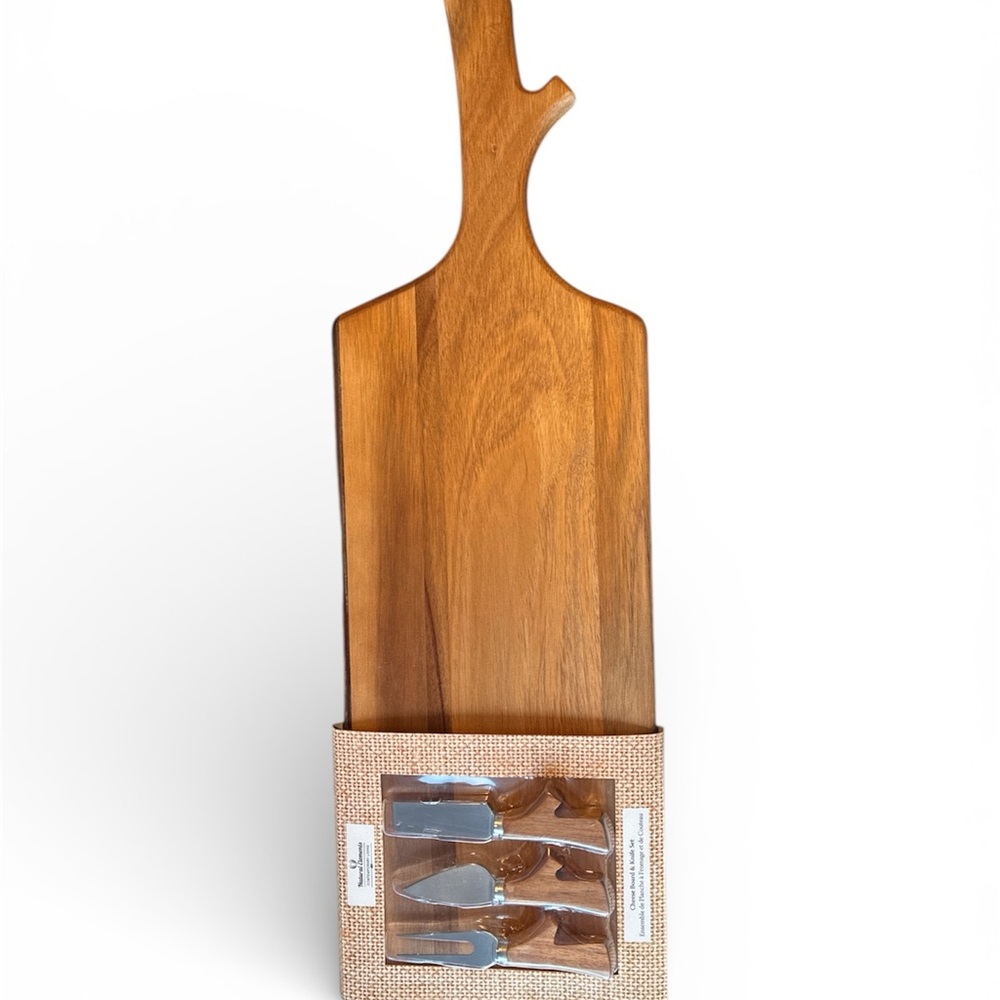 Natural Elements Contemporary Living Wooden Cheese & Knife Set Board NWT